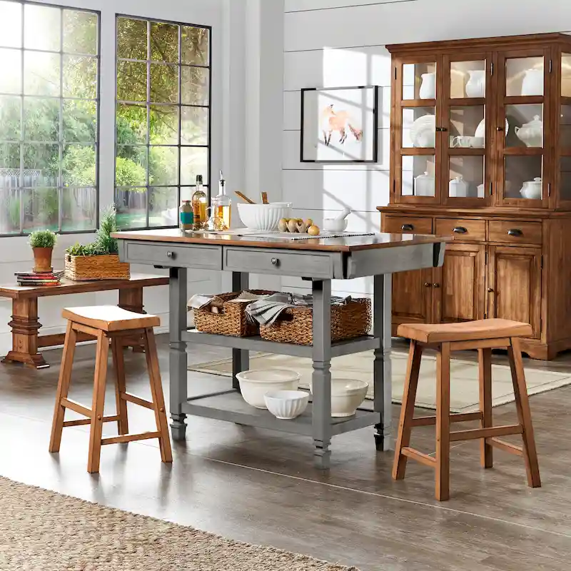 Two-Tone Kitchen Island Buffet with Drawers and Shelves