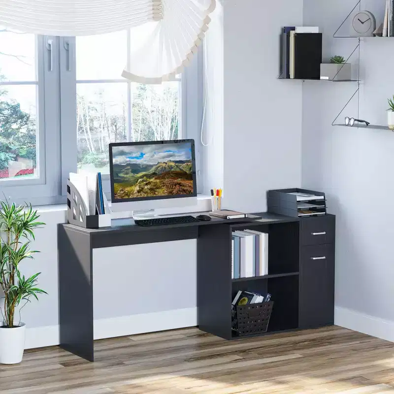 L Shaped Computer Desk, 180Degree Rotating Corner Desk with Storage Shelves, Drawer and Cabinet, Study Workstation for Home Office