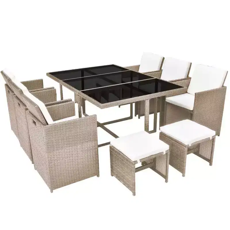 vidaXL Outdoor Dining Set Grey/Beige Powder-Coated Steel, PE Rattan, Glass