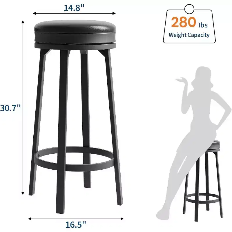 30'' Swivel Bar Stools Set of 2 with Footrest, Backless Round Bar Stools with PU Leather Upholstered and Metal Frame, for Kitchen Island