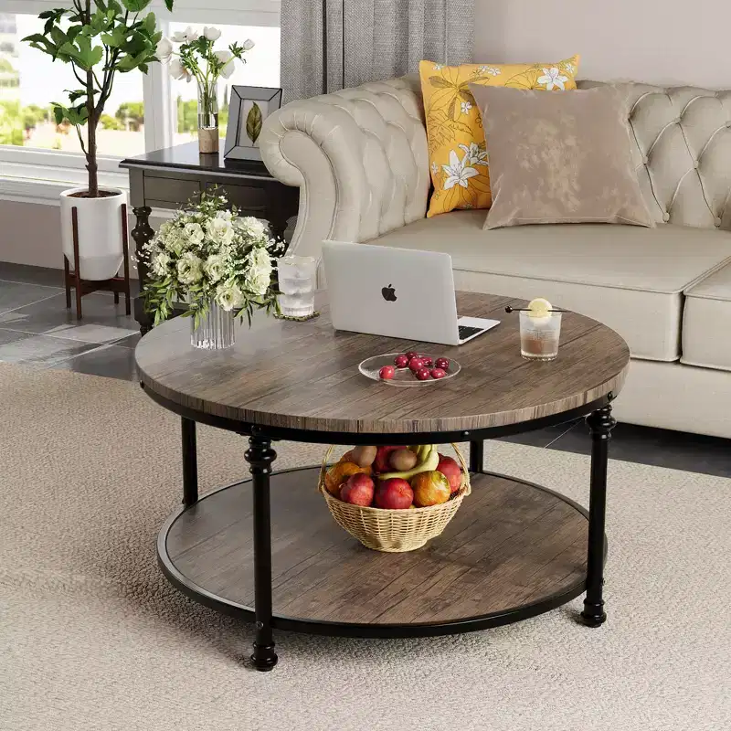 Farmhouse 2 Tier Wooden Coffee Table Round Coffee Table, for Living Room,