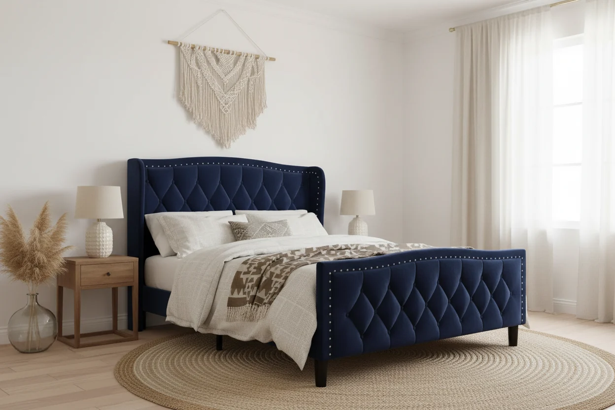 Luxury Upholstered Platform Bed Frame with Adjustable Headboard - Velvet Fabric & Wood Slat Support