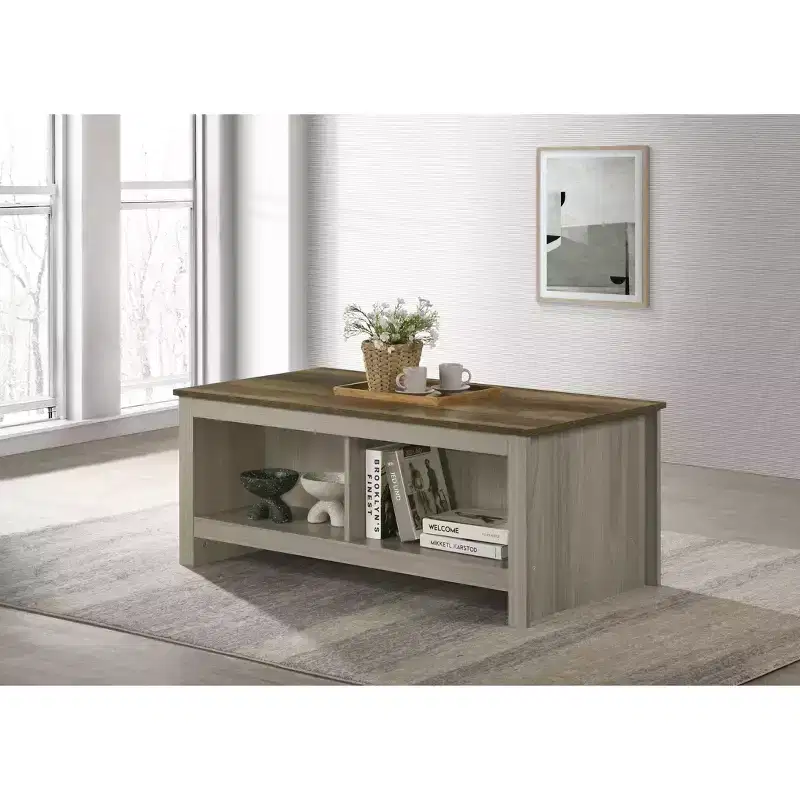 43W Gray Oak Coffee Table with Open Shelves, Front Back Shelves Walnut Finish Contrast Tabletop