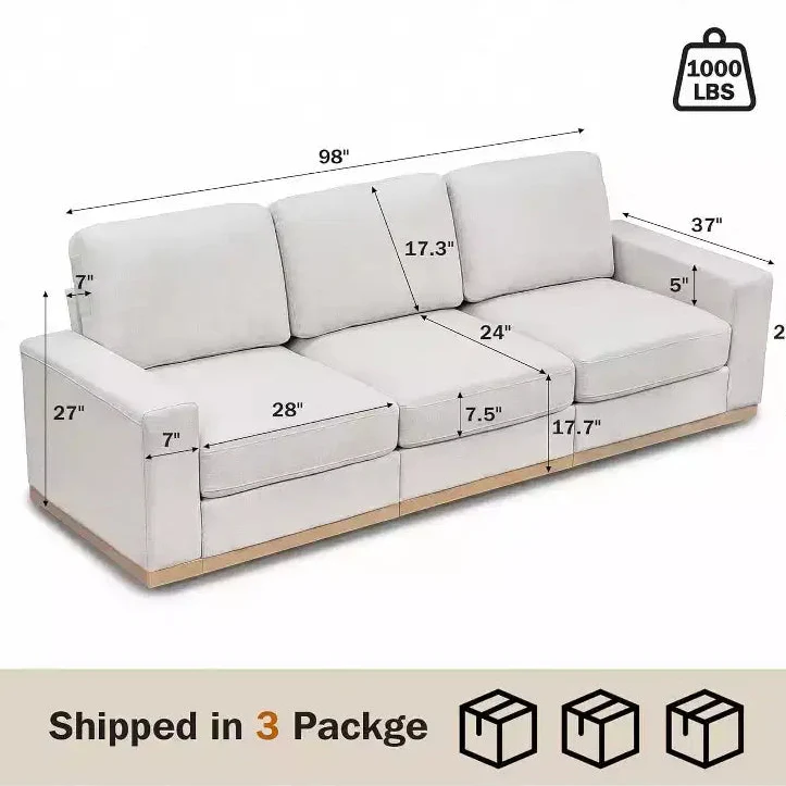 100 inch Fixed Sofa with Wooden Strips, Cotton Fabric, Triple Person Seat Suitable for Living Rooms and Apartments