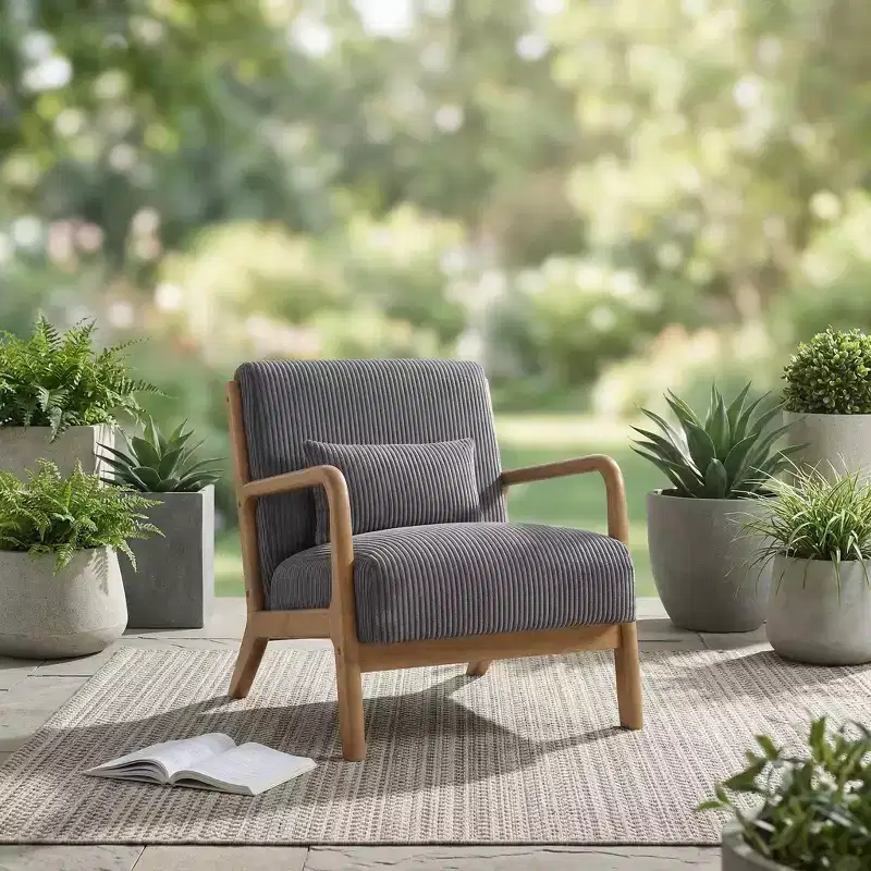 Corduroy Accent Chair with Solid Wood Frame, Upholstered Lounge Armchair with Pillow, Mid Century Reading Chair for Living Room Bedroom
