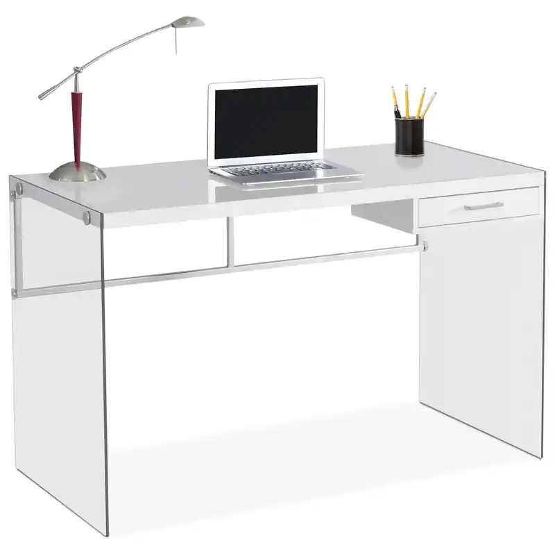 48 Computer Office Desk with Drawer - White with Glass Legs