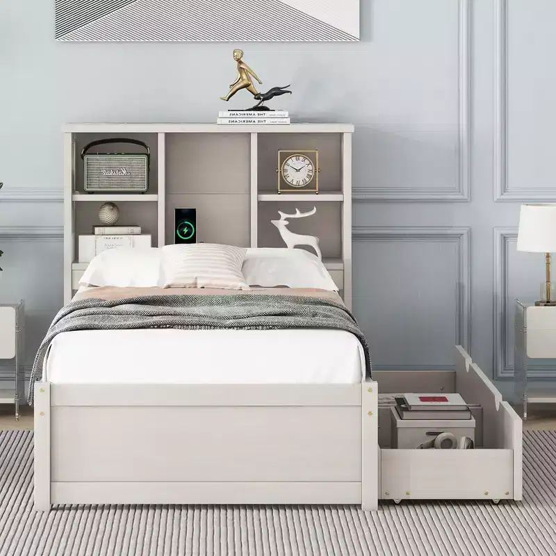 JVNOXK 87-inch modern double bed frame with bookshelf-style double-tier headboard, built-in USB ports, and two drawers. White washed