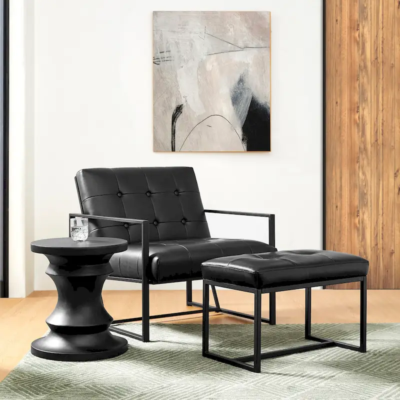 Glitzhome Modern PU Leather Tufted Accent Chair with Ottoman Set
