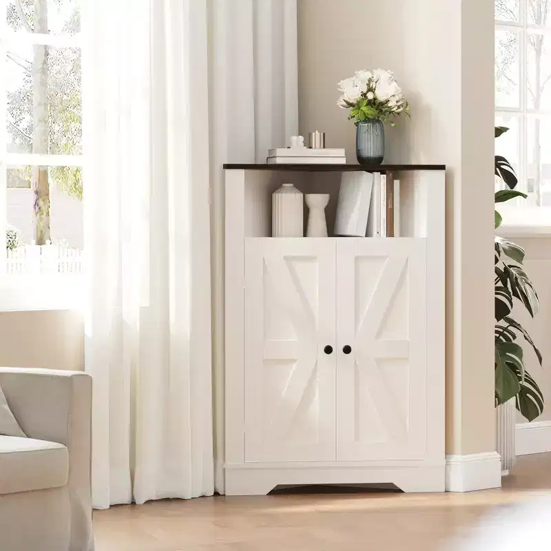 38.2 Tall Farmhouse Corner Cabinet with 2 Barn Doors,Farmhouse Storage Cabinet,3 Storage Shelves Space Saver for Living Room, Kitchen, Laundry Room