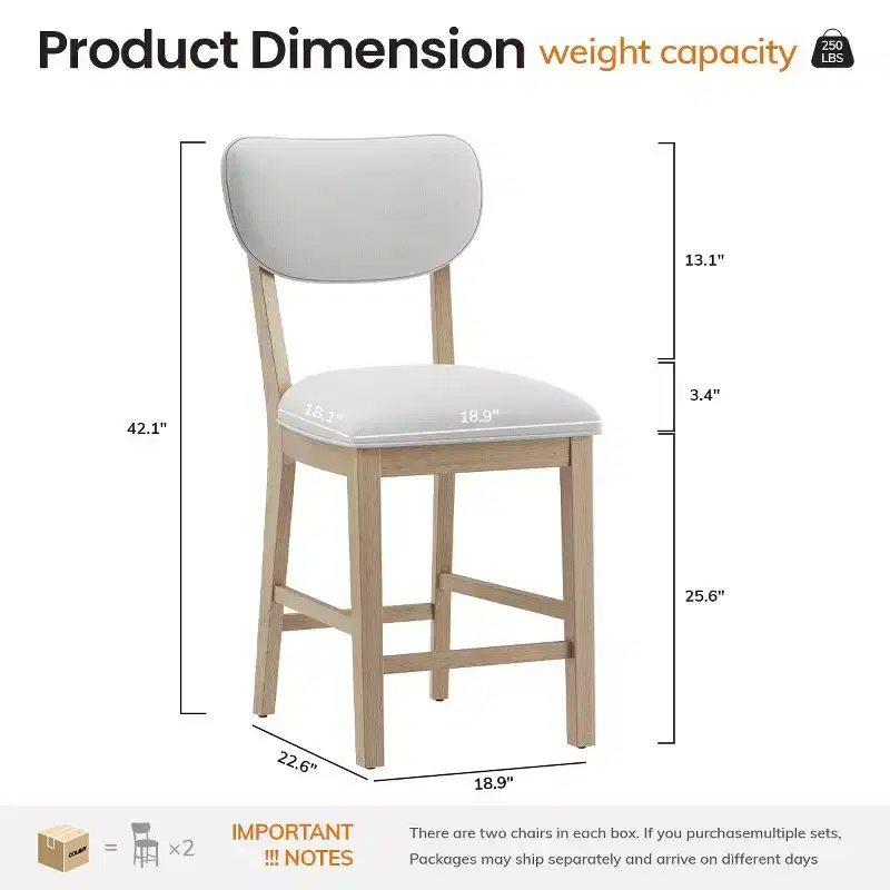 Solid Wood Farmhouse Upholstered Counter Height Bar Stools with Curved Back