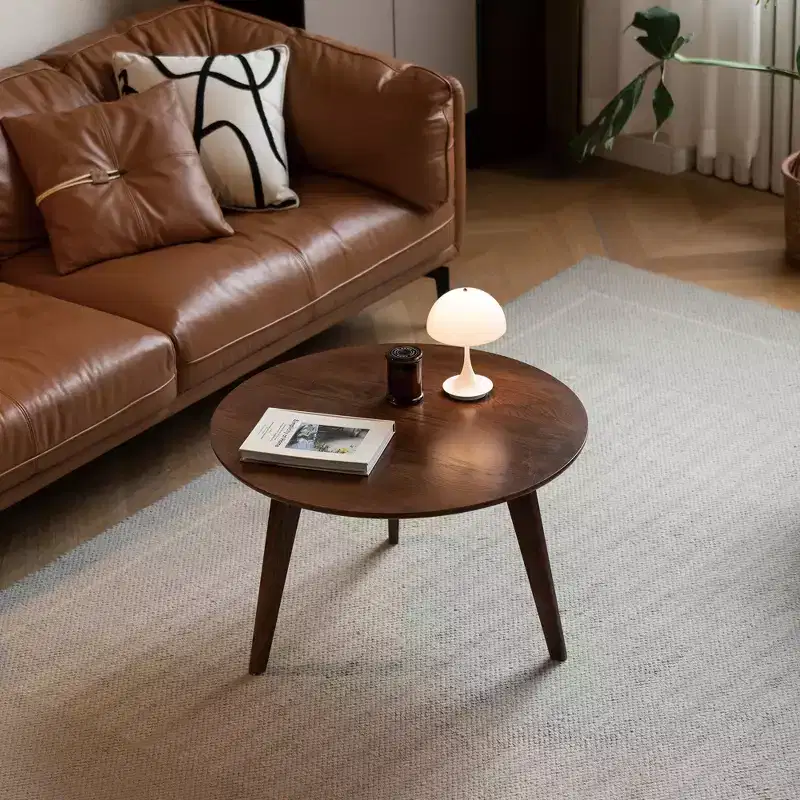 Brown Round Wood Coffee Table, 3-Leg, 1-Person