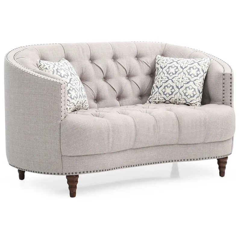 Light Grey Deep Tufted Fabric Loveseat with Nailhead Trim for 2 Person