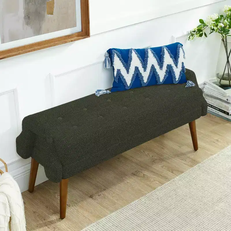 Modern Living Room Bench Looped Yarn Fabric with Soft Cunshion Irregular Geometric Armrests Rubber Wooden Legs Green