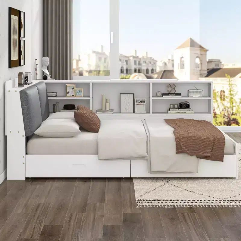 Bellemave Full Corner Bed Frame, Captains Bed, Wood Full Size Daybed with L-Shaped Bookcase and 2 DrawersFull Daybeds with Storage Cabinets, White