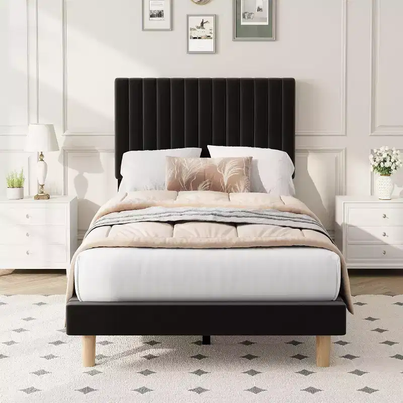 Velvet Bed Frame, Vertical Channel Tufted Headboard, Height Adjustable, Upholstered Platform Bed, No Box Spring Needed