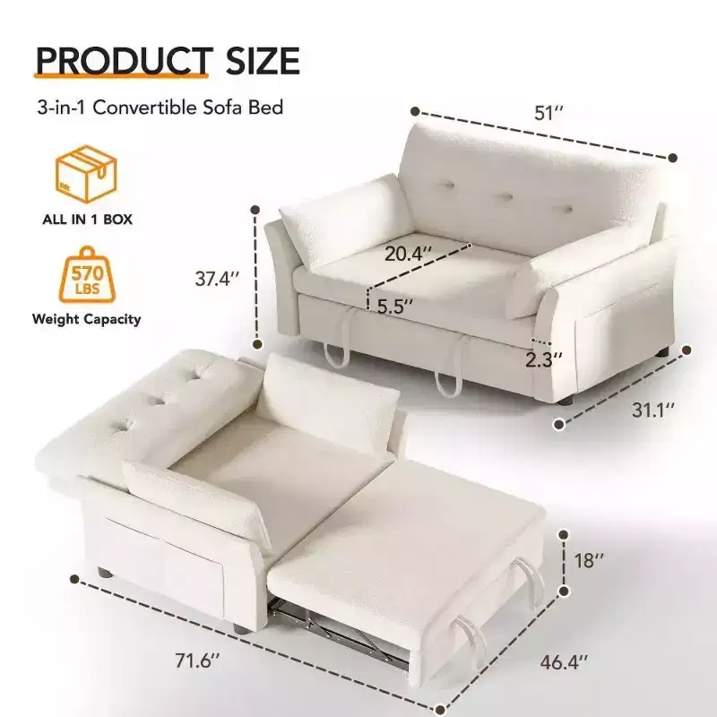 51 Inch 3-in-1 Pull-Out Sleeper Sofa Bed, Convertible Loveseat with Reclining Adjustable Backrest, Chenille Upholstered Couch, Side Pocket