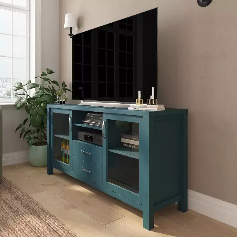 Merrick Lane Two-Drawer Engineered Wood Buffet Sideboard Cabinet with Open Shelf, Two Tempered Glass Cabinet Doors for Dining Room/Kitchen