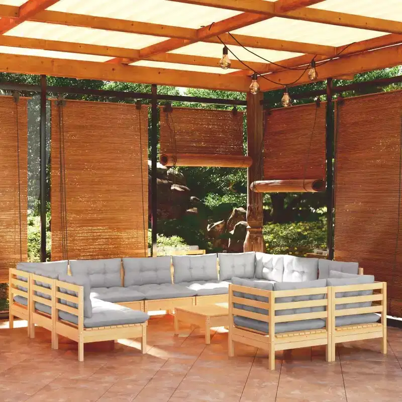 vidaXL Solid Pinewood Patio Lounge Set 12 Piece with Cushions Multi Colors - Brown and Gray
