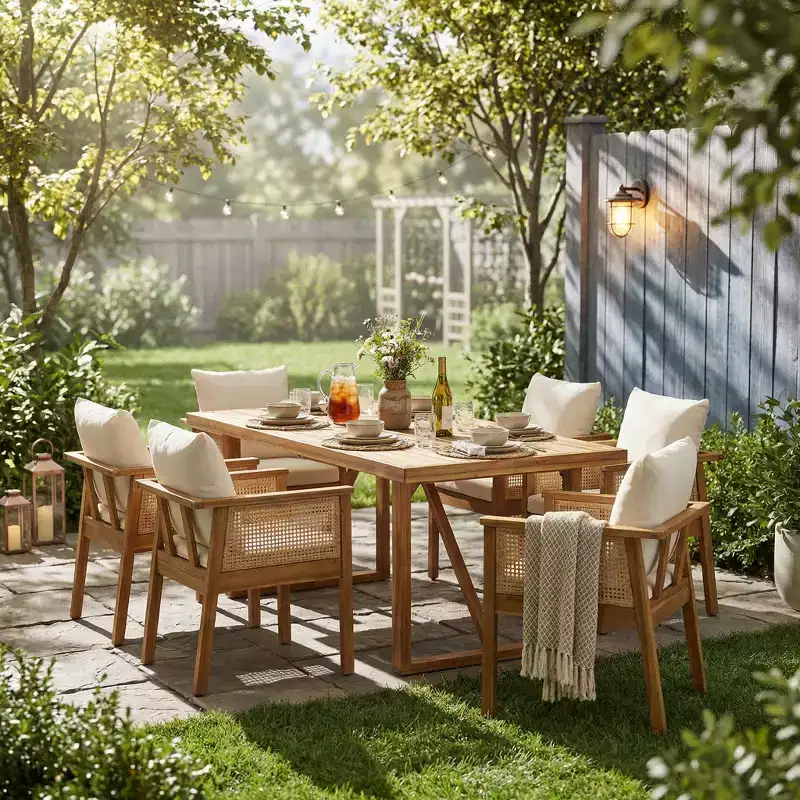 Christopher Knight Home William 7 Piece Patio Rustic Acacia Wood Rattan Dining Chairs with Slatted Table