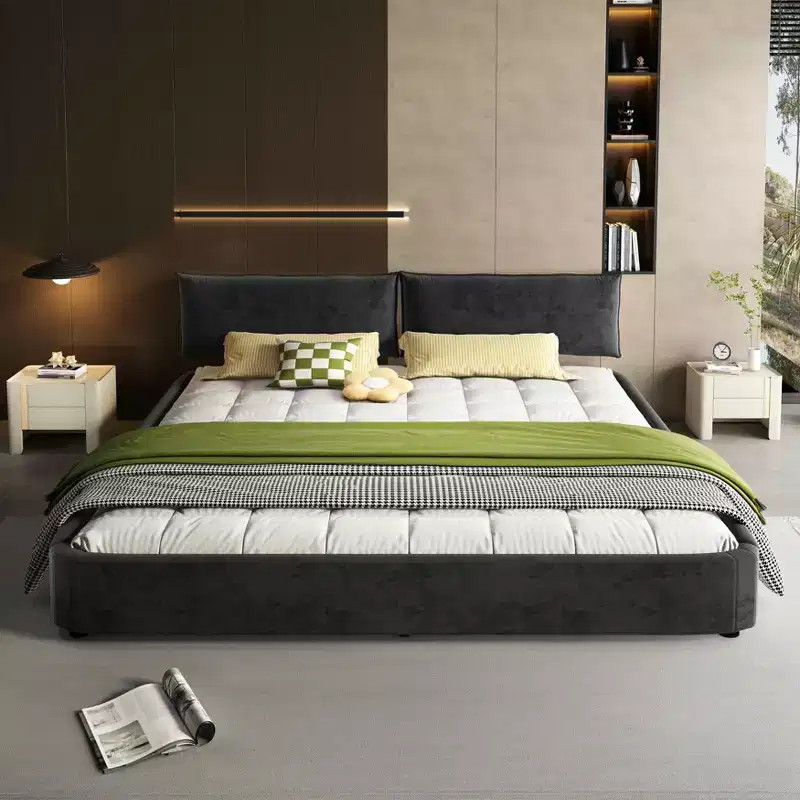 King Size Platform Bed Frame with Adjustable Padded Headboard, Round Corners, Metal and Wood Slat Support, Dark Gray