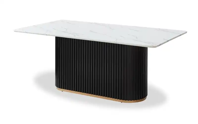 Capri Dining Table with Marble-Look Top & Gold Accent, Pedestal Base, 72W - Black/White