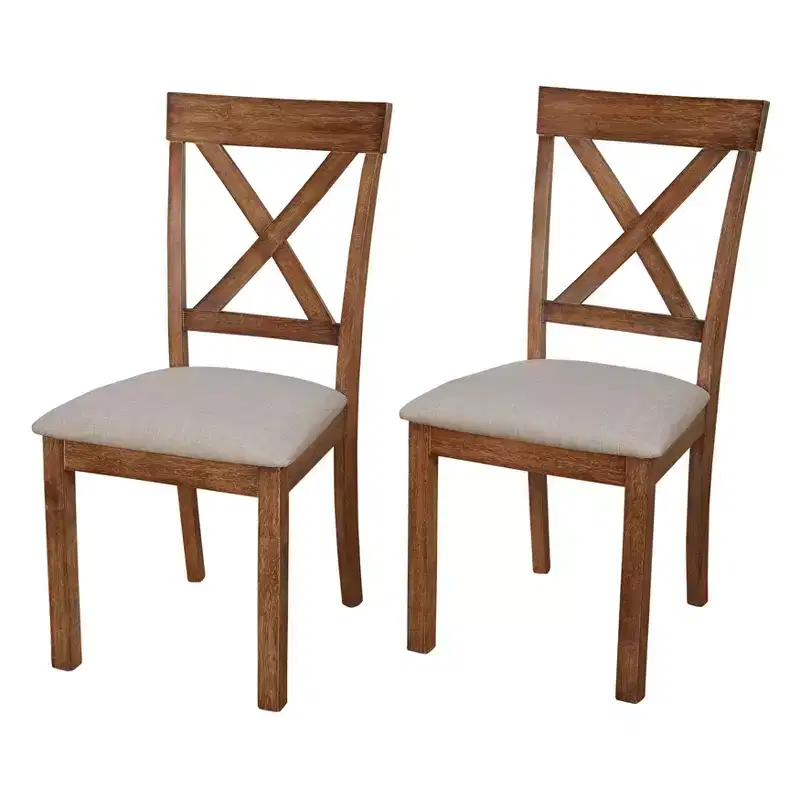 Verdon Farmhouse Solid Wood Cross Back Dining Chairs Driftwood: Solid Rubberwood, Beige Linen Seat, 250lb Capacity