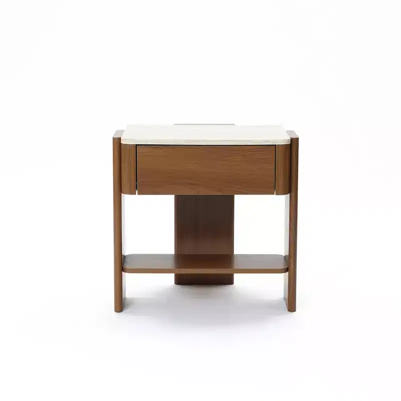 LuxenHome Faux Travertine Nightstand with Drawer and Open Shelf, MDF Wood Accent Side Table Brown