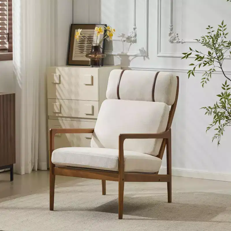Beige Mid-Century Modern Accent Chair, Upholstered, 1-Seat
