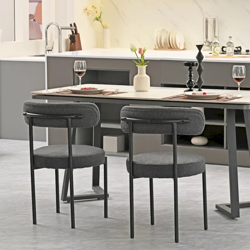 Modern Round Upholstered Boucle Dining Chairs Set of 2, Curved Backrest and black metal spray-painted legs