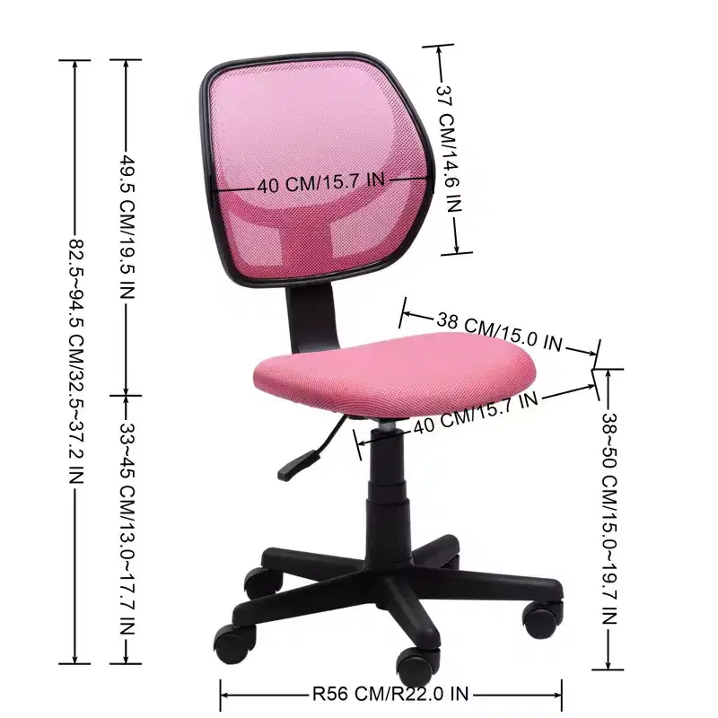 FurnitureR Desk Chair Mesh Armless, Ergonomic Adjustable Mid-Back Compact Rolling Swivel Computer Task Chair for Home Office Study Work, Pink