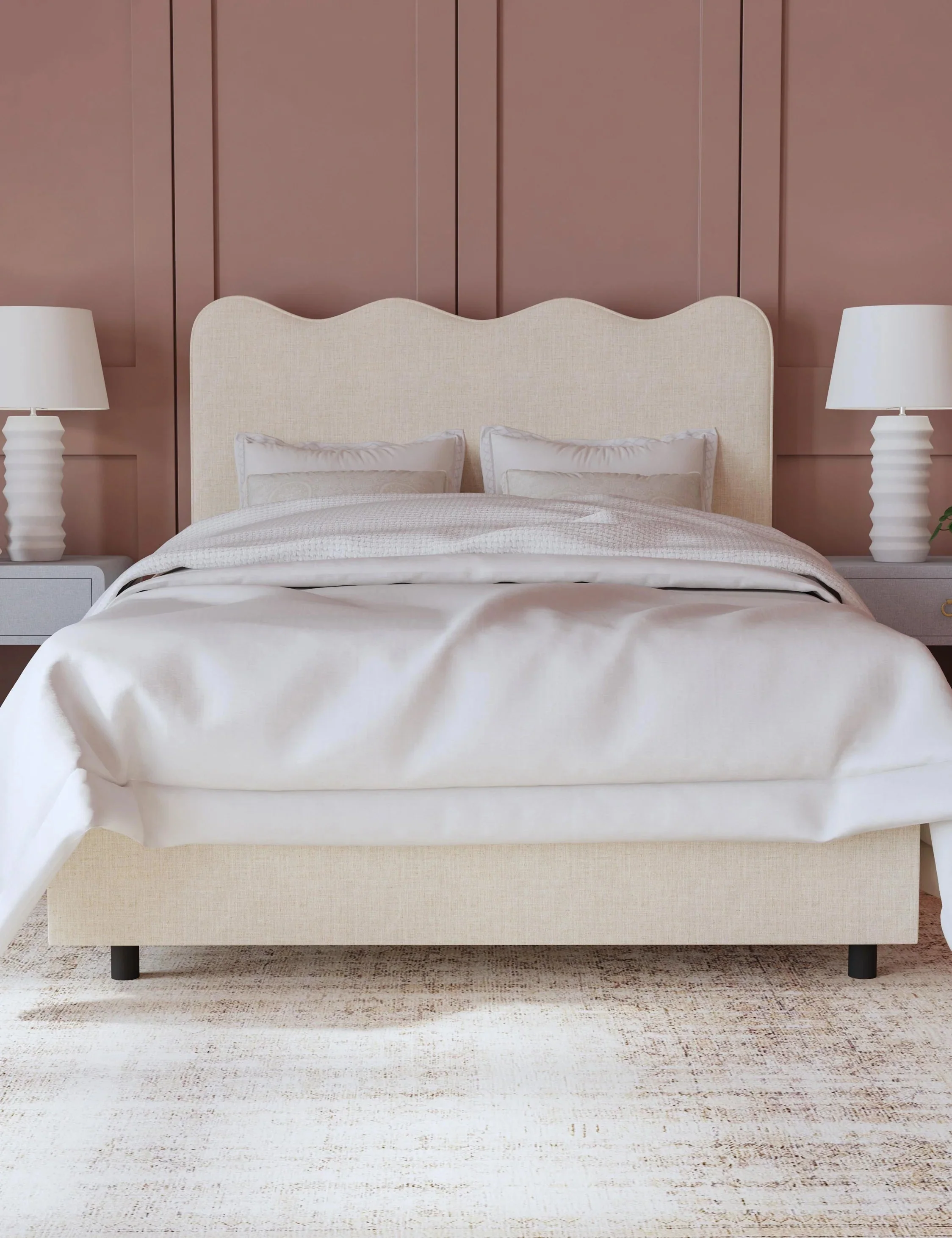 Bed Tailored style is given a fresh update in this bed with undulating lines and a crisp profile. A dynamic backdrop for a bedroom that pairs