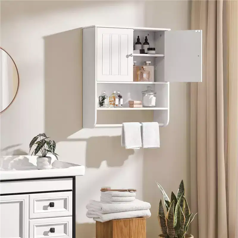 Bathroom Wall Cabinet with Towel Bar, Double Doors and Adjustable Shelf, White