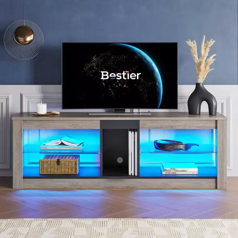 Particle Board TV Stand with Glass Shelves 18.5''H x 55.12''W x 13.78''D