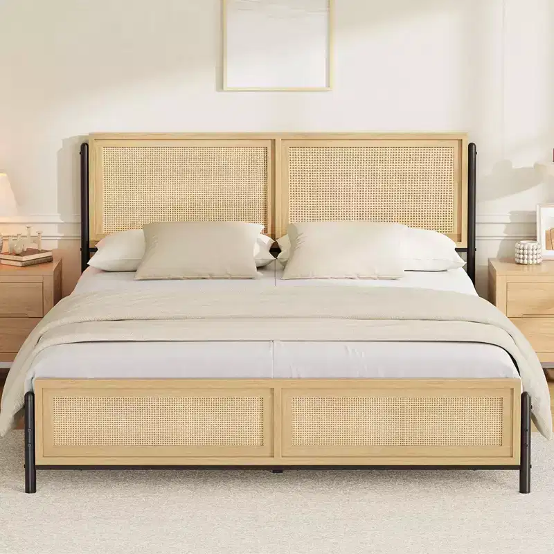 Boho Style Full/Queen/King Size Bed Frame with Rattan Headboard and Footboard, 14 Metal Platform, Wood Grain, Quiet, No Box Spring Required