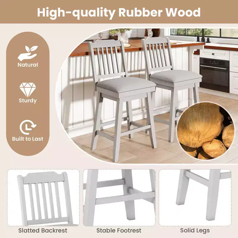 Costway 25 Counter Height Bar Stools Set of 2/4 with Slatted Back Padded Seat & Footrest