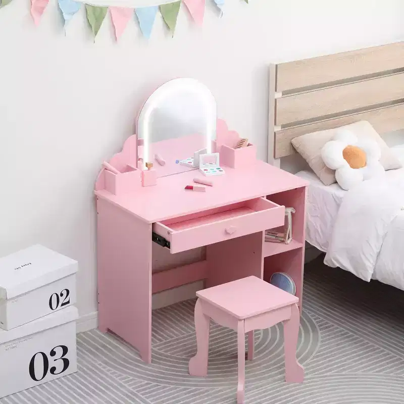 Kids Vanity Table and Stool Set with Lighted Mirror, Drawer and Open Shelves for Girls Ages 3 and Up