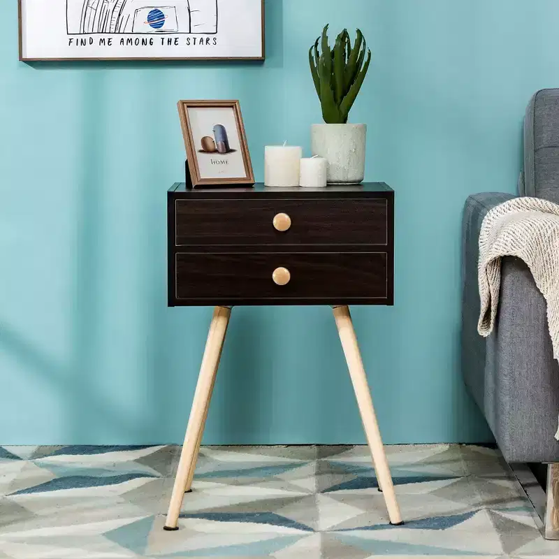 Mid Century Modern 2 Drawers Nightstand Sofa Side Table End Table Espresso
