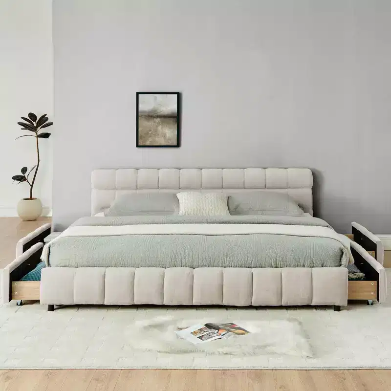 King Size Upholstered Bed with Headboard Solid Bed Frame Drawer for Bedroom Beige