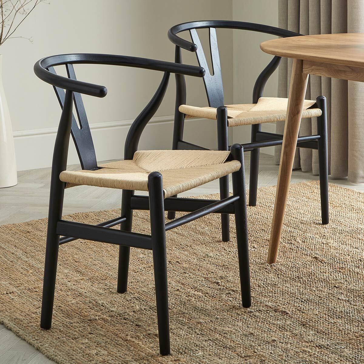 Scandi Black Birch Wood Dining Chair with Rope Seat for Dining Room