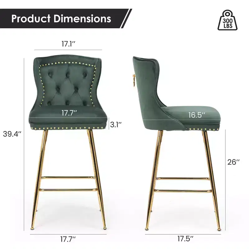 PexFix 2Pcs Bar Stools Velvet Counter Height Bar Stools with Metal Legs Button Tufted and Nailheads Trim Wing-Back Bar Chairs Green