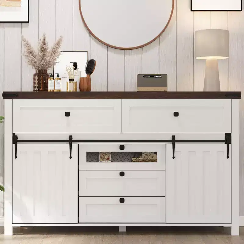 Farmhouse 5-Drawer Dresser with Sliding Barn Doors, Rustic TV Stand, White