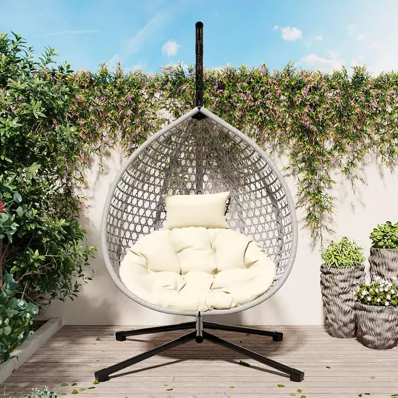 GDFStudio Anderson Hanging Egg Rattan Chair with Stand and Soft Removable Cushion