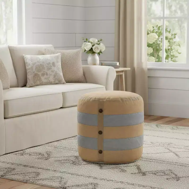 HomeRoots 16 Tan Cotton Cylinder Striped Pouf Ottoman