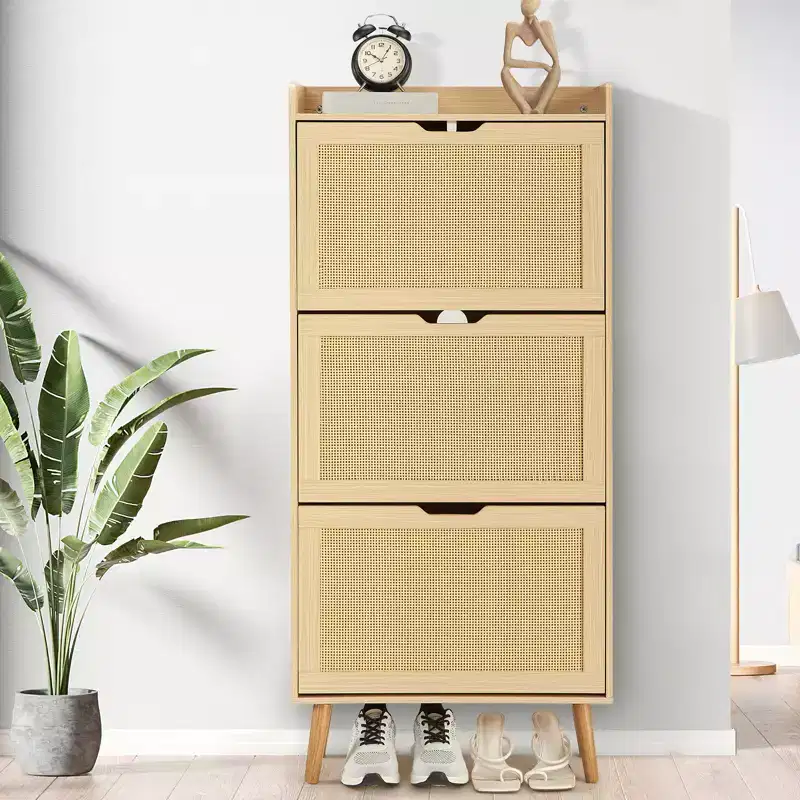 3-Door Rattan Shoe Cabinet with Flip Drawers and Ventilation