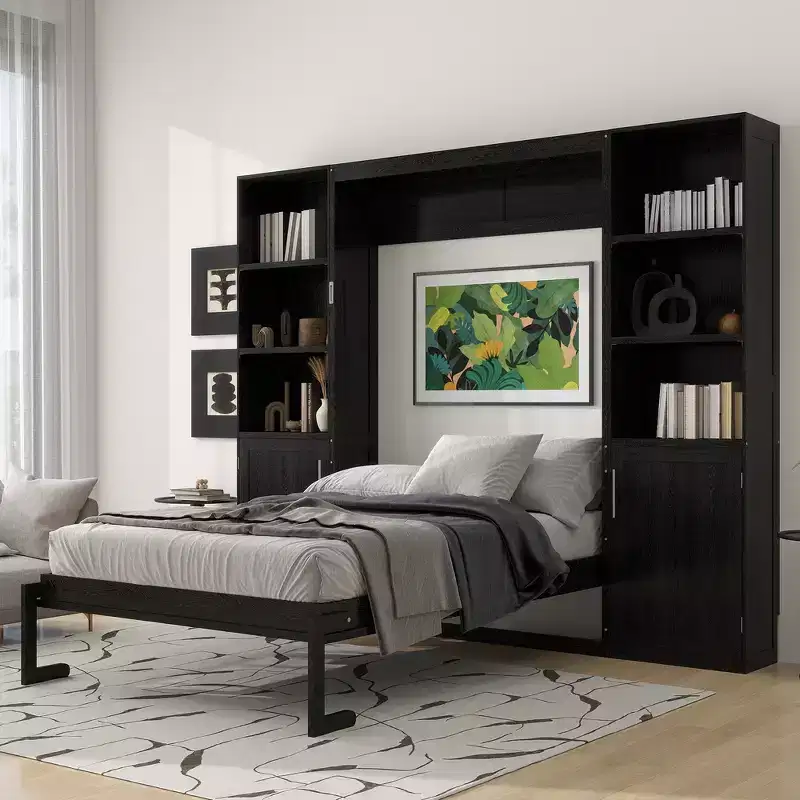 Whisen Queen Wooden Murphy Bed & Foldable Bed with Storage Shelves and Cabinets