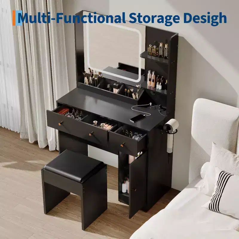 Modern Makeup Vanity with Lights and Mirror Vanity Table with Hair Dryer Holder, Storage Drawers and Shelves with Stool, Black
