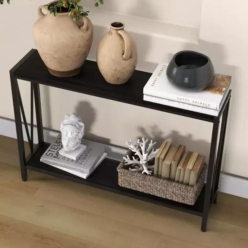 43'' Narrow Console Table with V Design, 2-Tier Entryway Table with Storage Shelf for Living Room