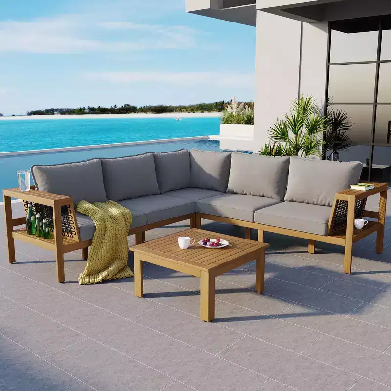Whisen 4-Piece Acacia Wood Outdoor L-Shaped Sofa Set with Woven Mesh Armrests and Coffee Table