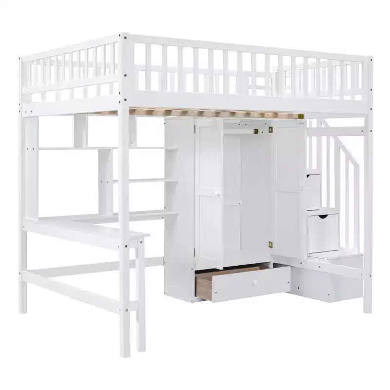 Wood Full Size Loft Bed with Bookshelf, Desk, Drawers & Wardrobe 94.4''L x 57''W