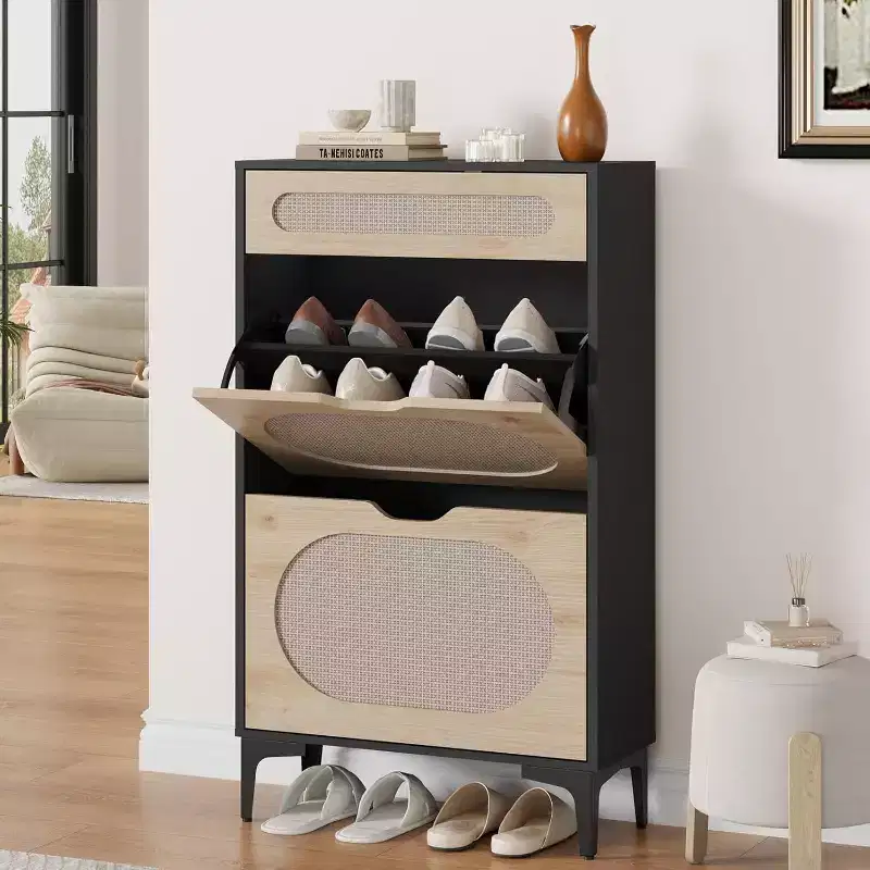 DobleePy Oak Rattan Shoe Cabinet, 3-Tier Shoe Storage with 2 Flip Drawers & 1 Pull-Out Drawer, Adjustable Shelf, Narrow Organizer for Entryway